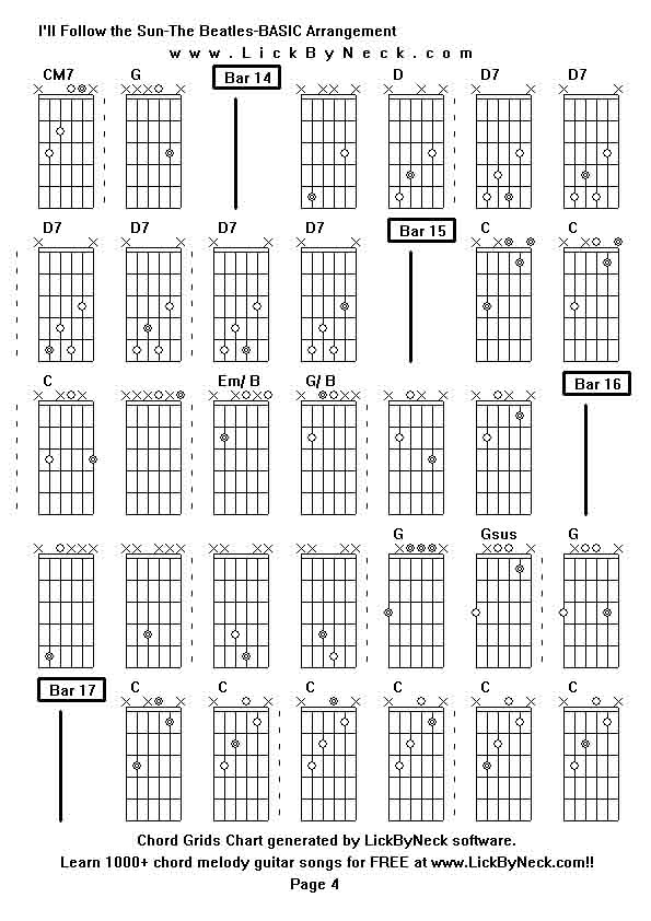 Chord Grids Chart of chord melody fingerstyle guitar song-I'll Follow the Sun-The Beatles-BASIC Arrangement,generated by LickByNeck software.